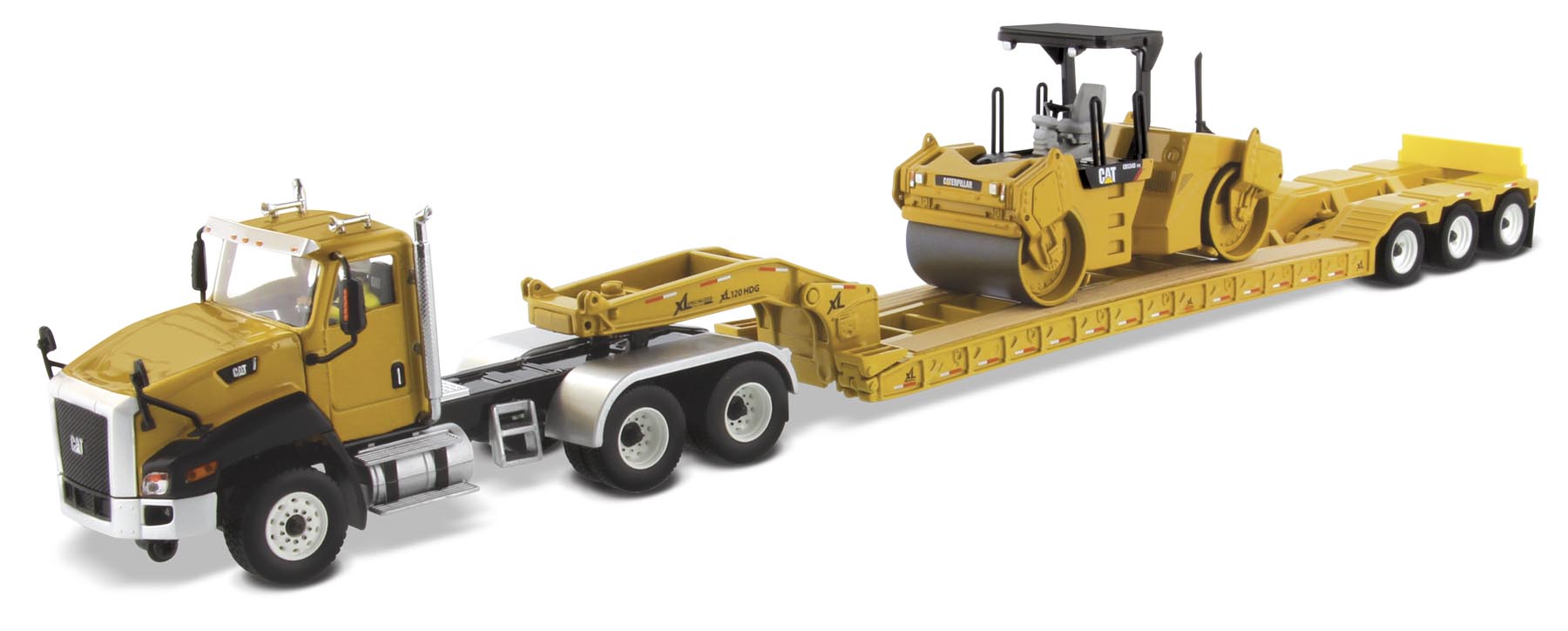 CAT CT660 Sattelschlepper mit Tieflader und Walze CB543D Modell von DieCast Masters 1:50