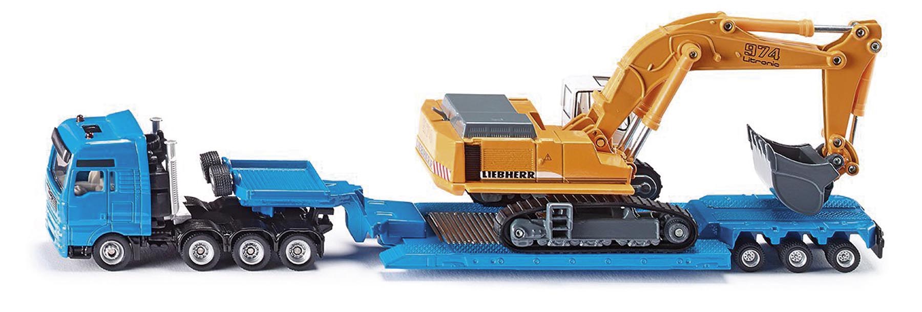 Tiefbettauflieger MAN Schwertransport mit Liebherr Bagger Modell von Siku 1:87