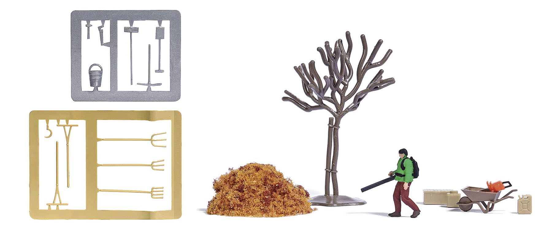 Gärtner mit Laubbläser und Zubehör Modell von Busch 1:87